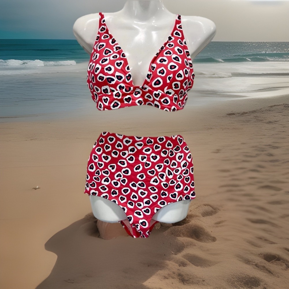 J Crew Hearts Woman Red/white Swimsuit 2 Piece Bikini Set Printed Hearts Medium - Picture 2 of 12
